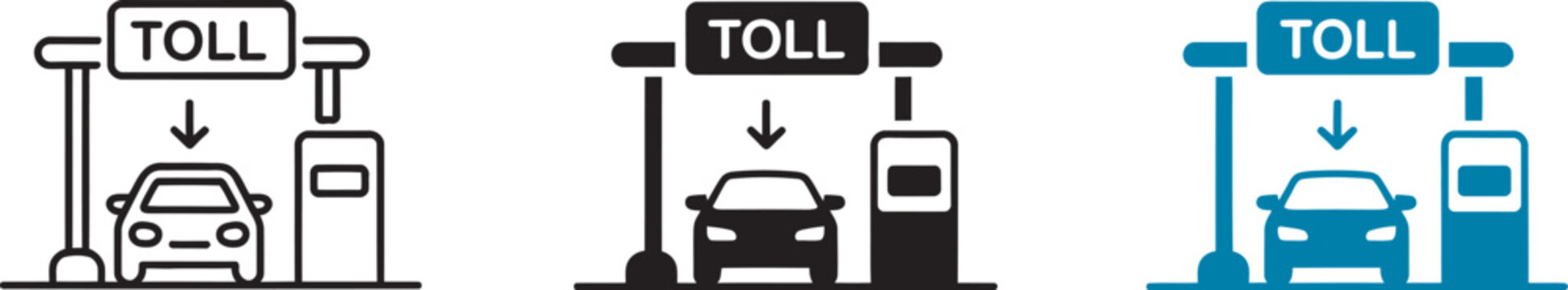 Toll road icon set, vector collection featuring toll plaza barriers, highway payment symbols, road checkpoints, vehicle lanes, and transportation signs in a clean modern style isolated on a white 
