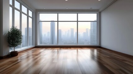 Fototapeta premium Empty modern apartment room with polished wooden floor, floor-to-ceiling windows overlooking hazy city skyline at sunrise, single potted plant, calm minimalist atmosphere