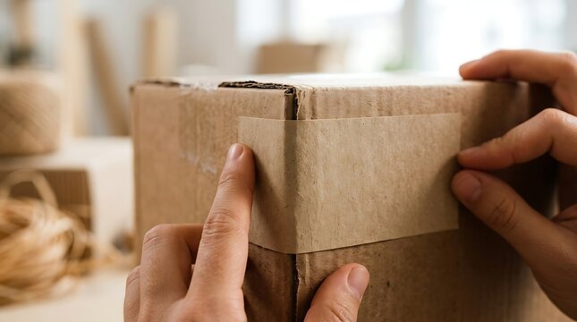 Hands sealing a cardboard shipping box with brown paper tape