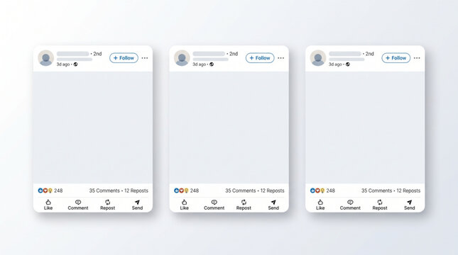 LinkedIn post UI layout template mockup, social media mobile web application interface blank content screen vector illustration, professional network feed profile layout with like comment share button