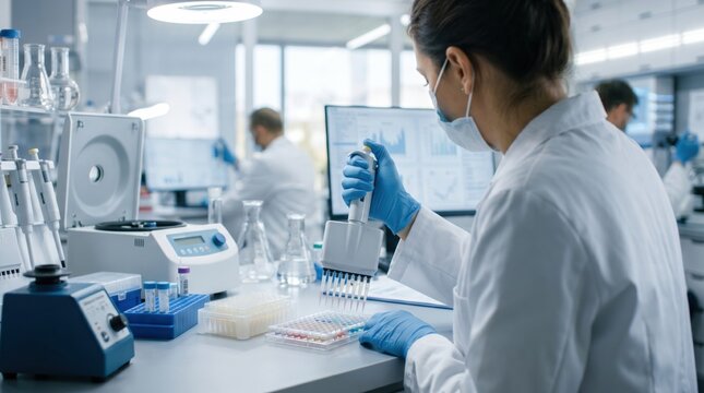 Female scientist in protective gear using multichannel pipette for DNA analysis, modern biotechnology research in pharmaceutical laboratory with centrifuge and microplates