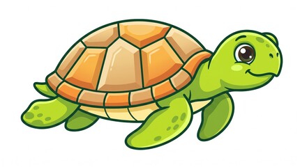 Obraz premium Smiling Cartoon Turtle Crawling on White Background in Bright Flat Design Style