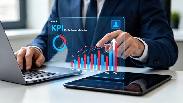 Executive reviewing key performance indicator dashboard on tablet with futuristic interface
