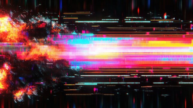 bright multicolored digital energy burst with horizontal neon streaks and pixelated glitch fragments on a dark background conveying intense futuristic motion