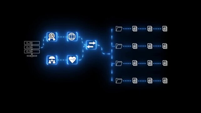Businessman neon with icon document management, data sharing and secure storage. Concept of digital online document organization and efficient information in modern business. File storage system.4k