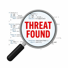 Fototapeta premium Cyber security threat found message under magnifying glass over computer programming code.