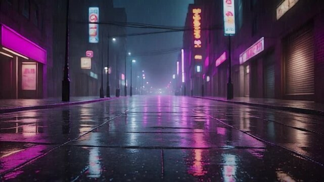 Dark city street pavement slick with heavy rain reflecting neon signs