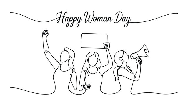happy woman day continuous line art illustration with women holding protest sign and megaphone female empowerment celebration outline drawing isolated on white background