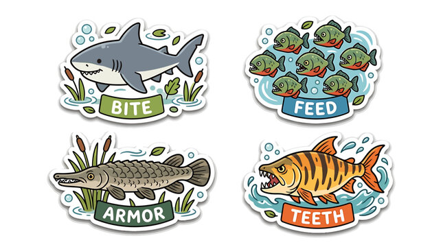 Predatory Fish Collection: A vibrant illustration showcasing four distinct predatory fish species, each highlighting a unique characteristic: a shark emphasizing its bite.