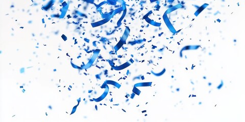 Fototapeta premium blue confetti and curling ribbons cascading against a white background, creating a festive, energetic celebration and joyful mood