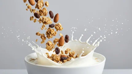 Golden brown granola clusters with almonds and raisins splashing into a white milk swirl © Dean