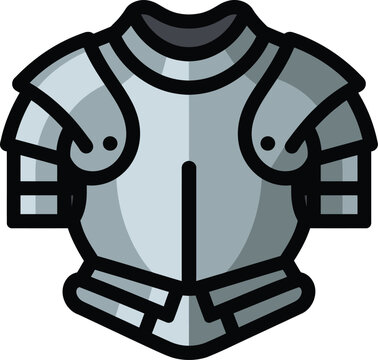 Flat of medieval chest armor, steel cuirass with pauldrons and gorget for knight costume, isolated symbol on white background