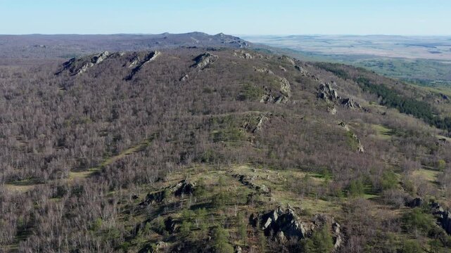 Urals in spring: Irendyk ridge, Mount Karatashmas. Aerial view.