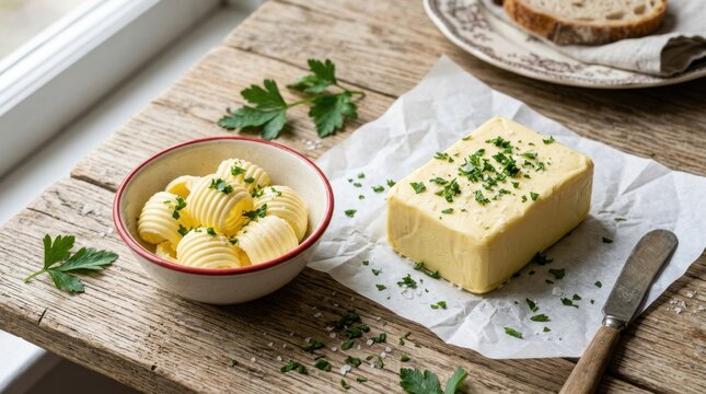 Premium salted butter block and elegant butter curls garnished with fresh green parsley and sea salt flakes on a distressed rustic wooden surface.