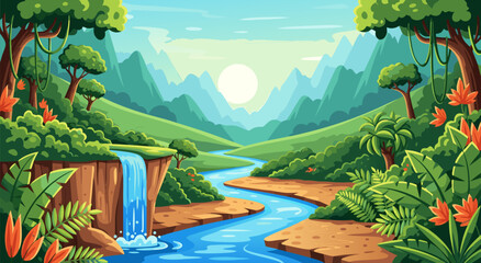 Tropical Rainforest Landscape Vector Illustration Design Featuring a Flowing River and Waterfall for Nature Backgrounds 29 © DOLARRIZ JHON