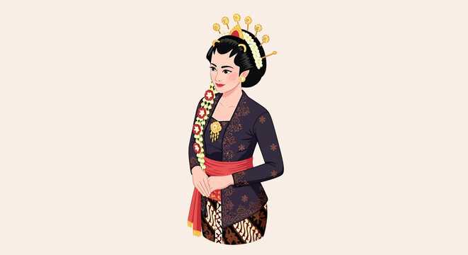 Illustration of a beautiful Javanese woman wearing traditional Indonesian kebaya dress and batik skirt.