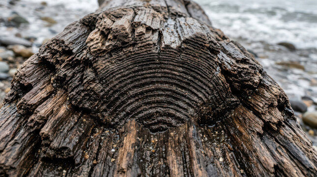 Close-up of a weathered tree stump on a rocky beach near water