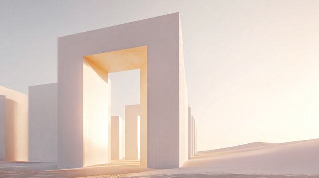 luxury architectural gateway in a pristine white desert, monumental geometric walls illuminated by warm sunrise light beams, endless perspective, premium real estate and hospitality branding