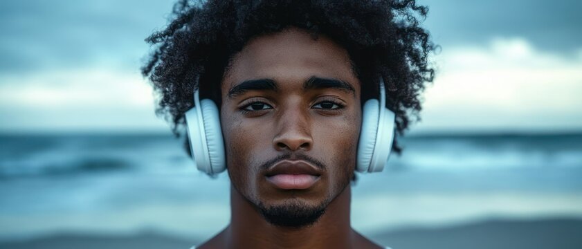 Person with obscured face and curly hair wearing white headphones at the beach, facing the ocean under a cloudy sky, calm and contemplative