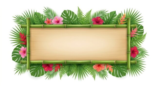 Tropical bamboo frame with exotic hibiscus flowers and green palm leaves.