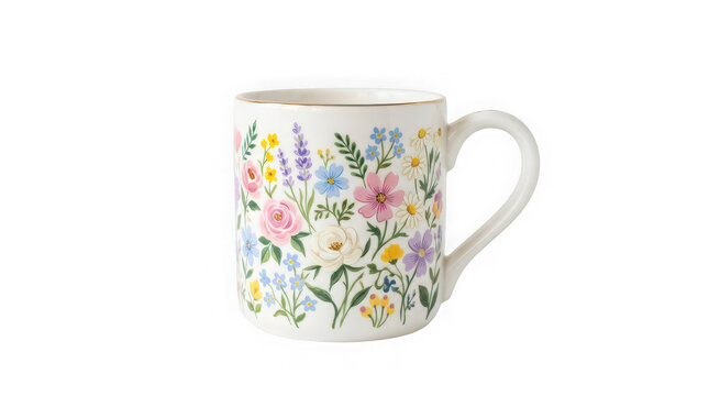 White coffee mug with colorful floral pattern