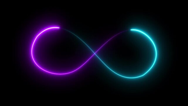 Glowing infinity sign on black background. Animation of seamless loop Neon glowing blue light isolated on black background. Eternity concept.4k video