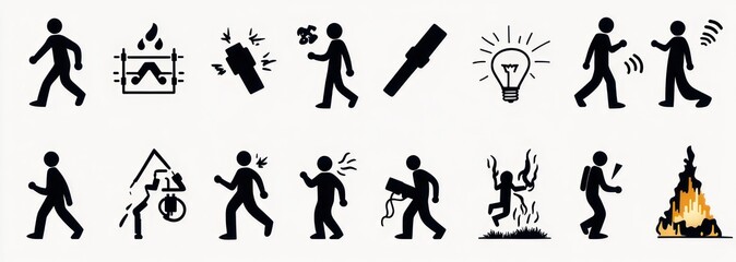 Fototapeta premium Black pictogram set showing walking people, campfire and bonfire, electrical sparks and shock, flashlight and lightbulb, talking and phone use, coughing, choking and person on fire, urgent warning