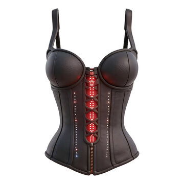 Sexy Black Corset with Red Lacing and Rhinestone Details Isolated on Transparent Background