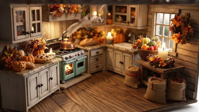 Cozy autumn harvest kitchen filled with pumpkins, gourds, and warm golden light