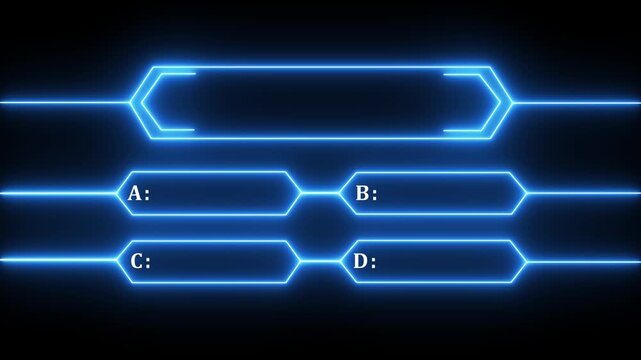 Animation of a neon blue quiz line with a choice of answer options on a black background. Question mark motion animation, futuristic cyber tech visual, asking doubts confusing graphics animation.4k