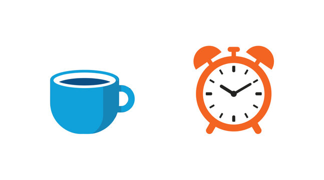 Coffee cup and alarm clock icons representing morning routine with caffeine breakfast schedule reminder beverage management