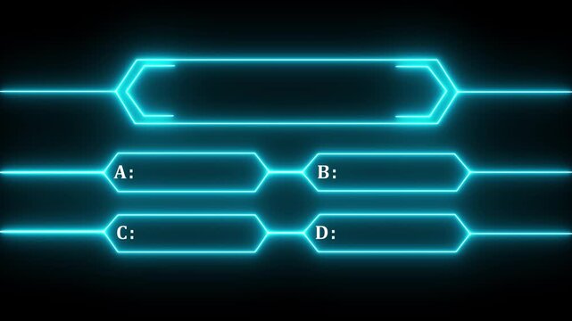 Animation of a neon blue quiz line with a choice of answer options on a black background. Question mark motion animation, futuristic cyber tech visual, asking doubts confusing graphics animation.4k
