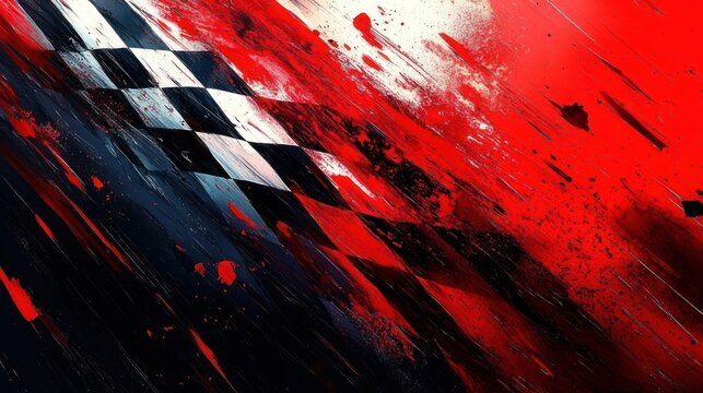 dynamic diagonal burst of red and black paint with white checkered squares, splatters and streaks conveying intense, aggressive motion and speed