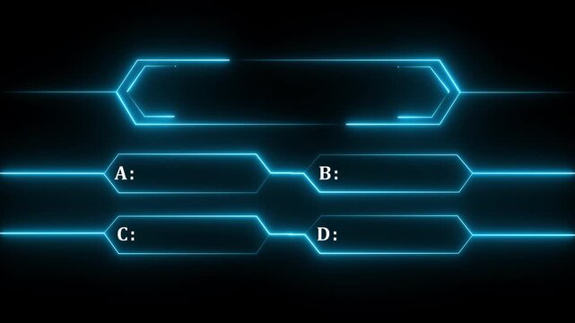 Animation of a neon blue quiz line with a choice of answer options on a black background. Question mark motion animation, futuristic cyber tech visual, asking doubts confusing graphics animation.4k