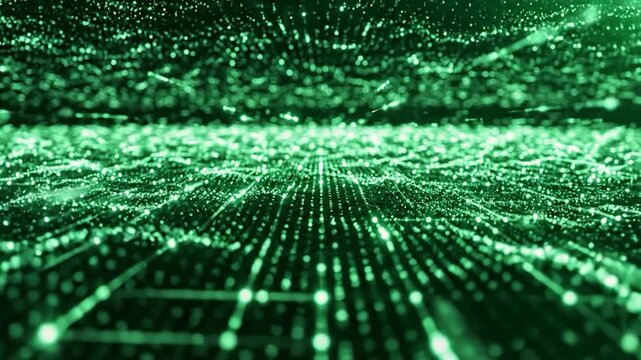 Digital Abstract Data Flow An intricate glowing green digital landscape resembling a vast network of interconnected data points and flowing information streams