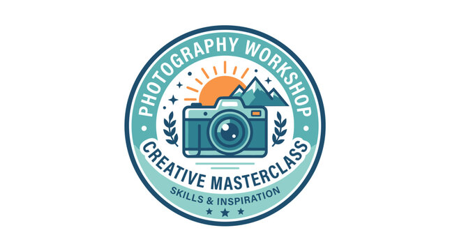 Photography workshop badge, creative masterclass logo, camera icon, skills inspiration vector