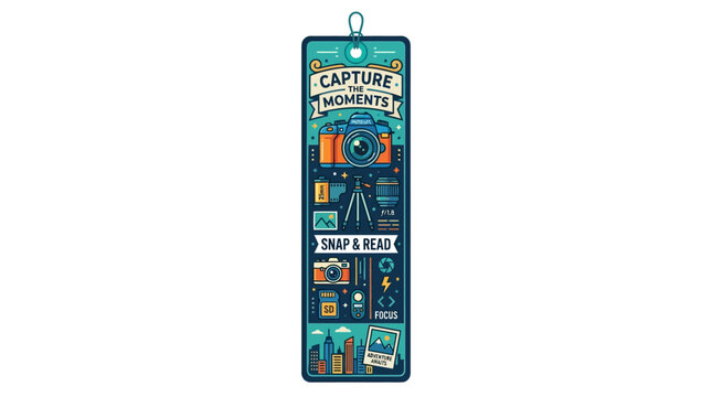 Colorful camera strap and accessories set, photography equipment icons, Capture Moments blue packaging