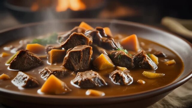 Hot beef stew with carrots in a rustic bowl with steam.
