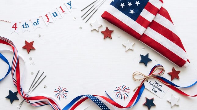 Festive 4th of July tabletop frame layout with a folded US flag, red and blue stars, sparklers, colorful ribbons, paper bunting, and a greeting tag on white.