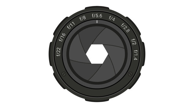 Camera lens, photography equipment, black, vector graphics, aperture control, f-stop values