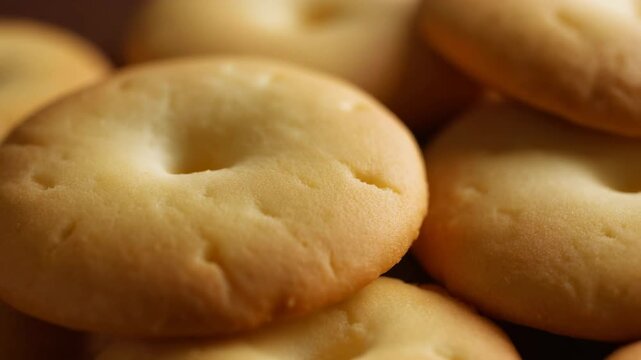 Macro Shot of Freshly Baked Butter Cookies or Shortbread Biscuits, Close-up of Golden Baked Pastry Snacks