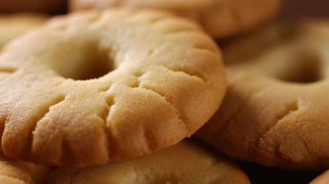 Macro Close-Up of Freshly Baked Round Butter Shortbread Cookies with Hole