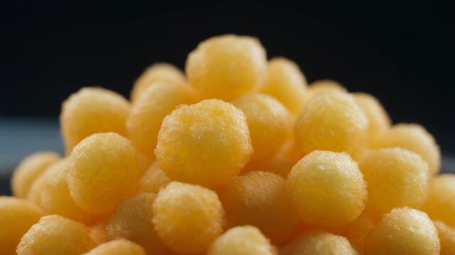 Macro close-up of crunchy golden cheese balls piled against a dark background.