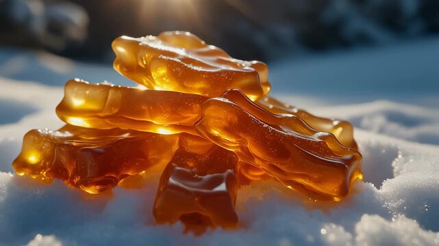 Traditional Maple Syrup Taffy Cooling on Fresh Snow During Golden Hour Sunlight