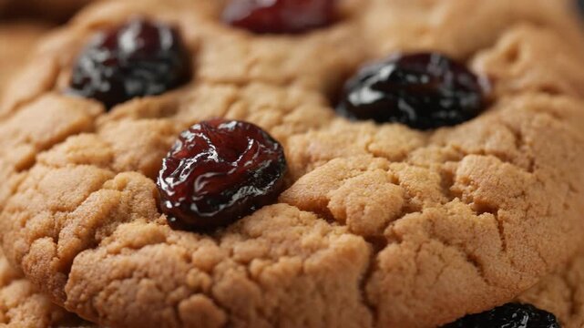 Macro of fresh homemade raisin cookie showing crumbly texture.