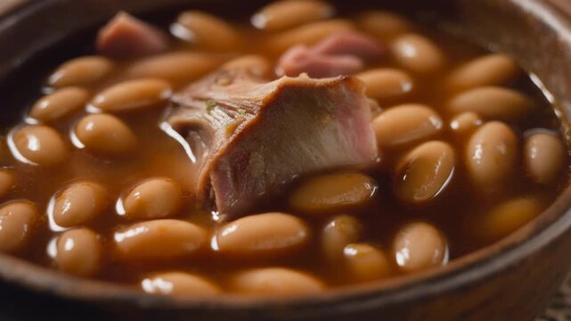 Hearty white bean stew with smoked meat in a rustic clay bowl