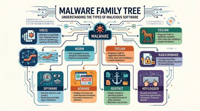 Malware family tree showing different types of malicious software