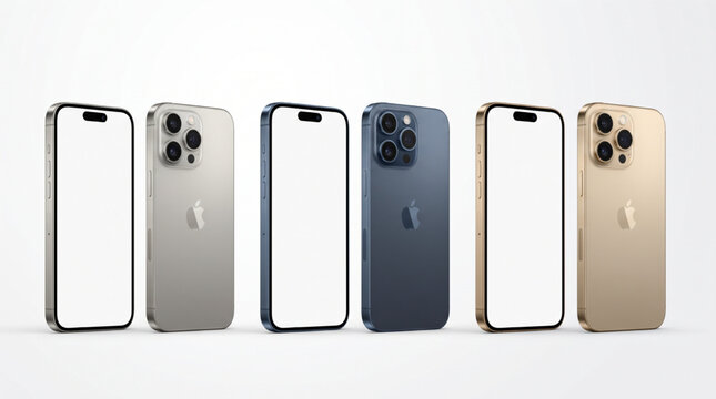 iPhone 15 16 Pro Max smartphone mockup set with front and back view camera lens styles, modern mobile screen outline template for UI UX app and device design, titanium color device illustration set