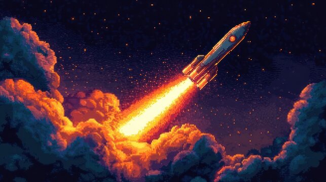 pixel art rocket blasting through glowing orange clouds into a starry purple night sky with fiery exhaust and triumphant ascent