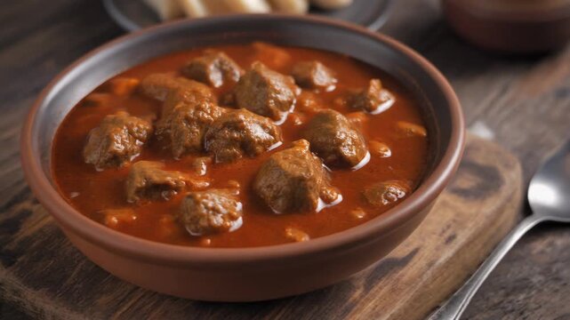 Hearty Beef Goulash Meat Stew Served in a Ceramic Bowl on a Rustic Wooden Table